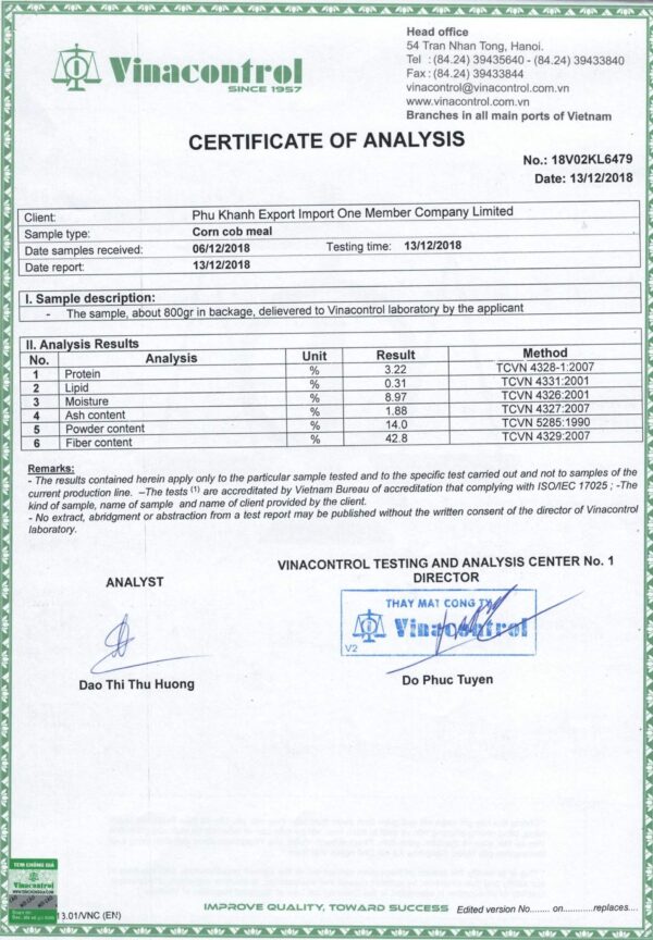 corn cob meal certificate of analysis